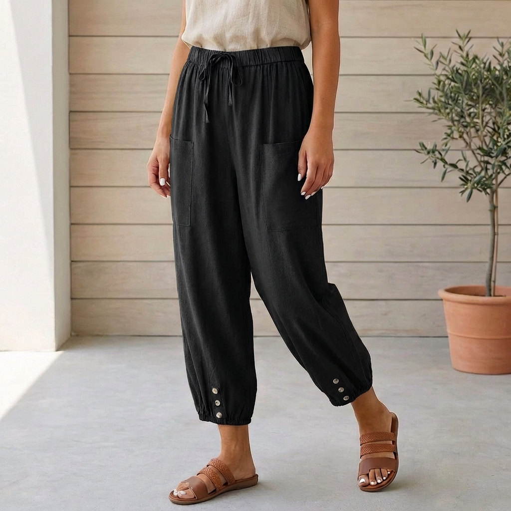 Women's gathered ankle linen pants, full length view