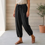 Women's gathered ankle linen pants, full length view
