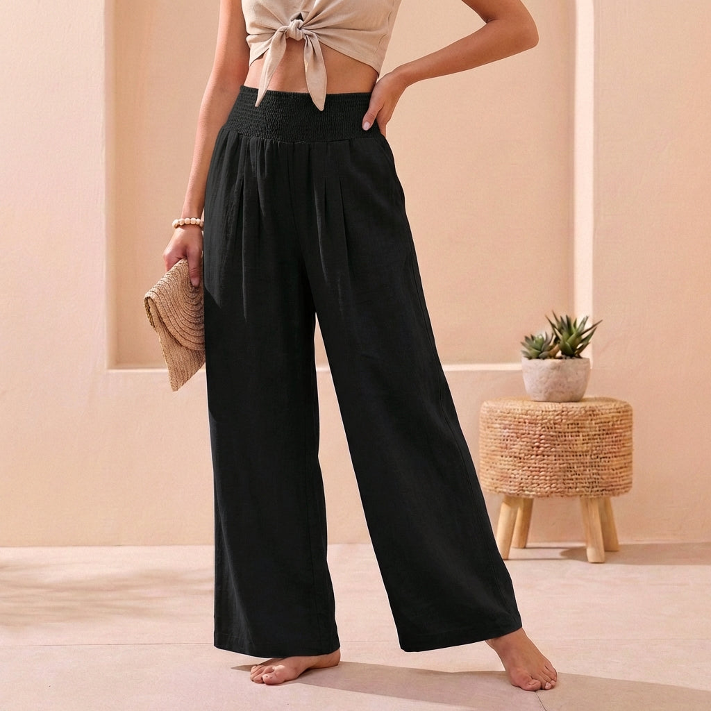 Alexandra Flowing Wide-Leg Pants with Smocked Waistband