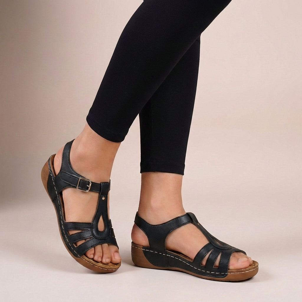 Women's T-strap sandals with buckle ankle strap – side view