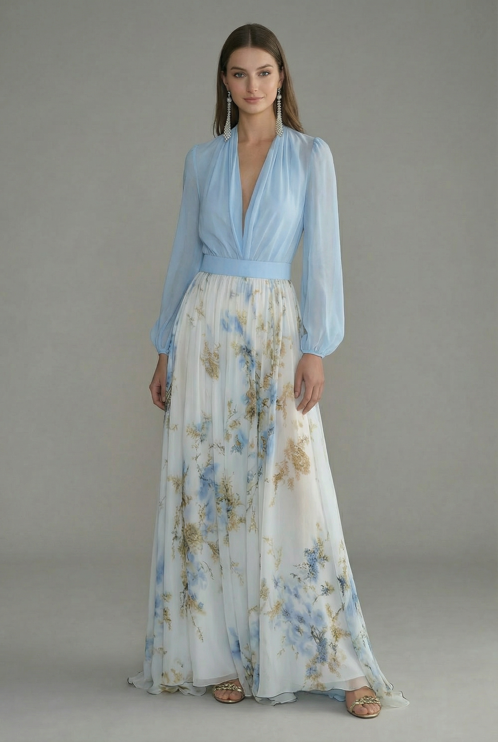 Women's Ascot Elegant Blue Floral Sheer Maxi Dress
