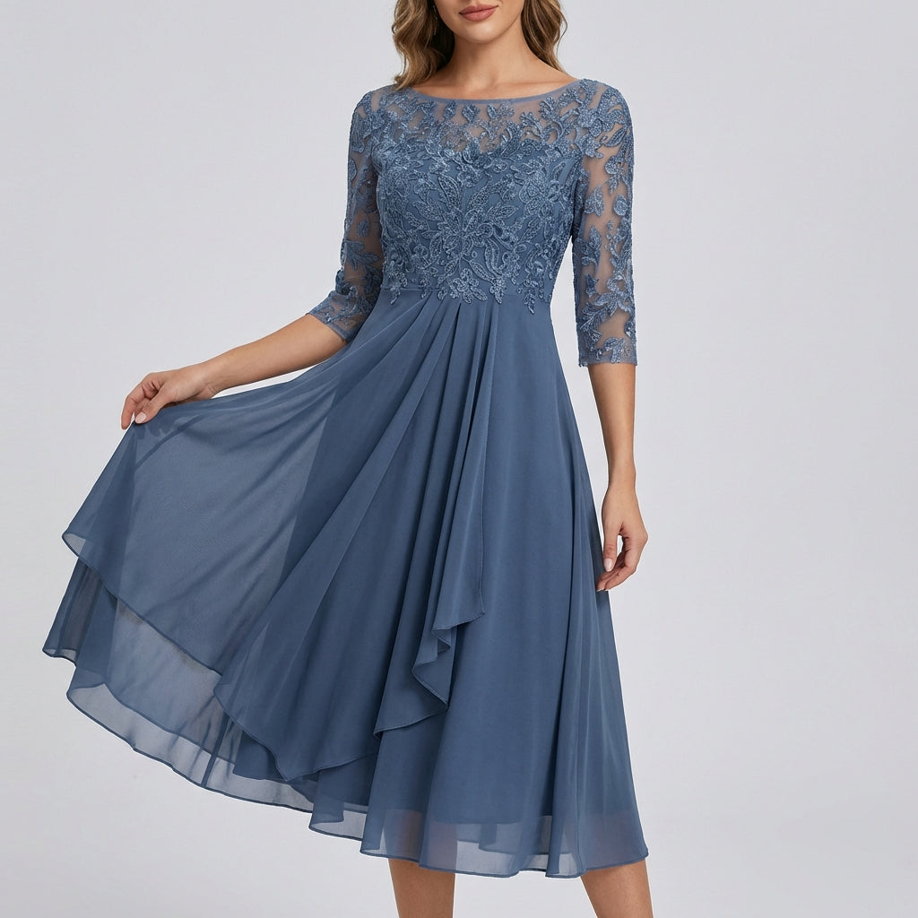 Elegant Lace Bodice High-Low Midi Dress – Sophisticated Summer Gala