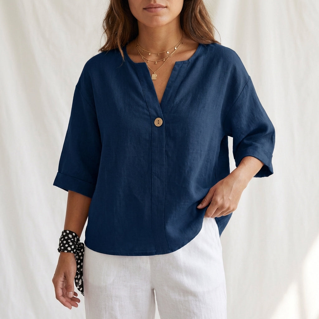 Cotton Linen V-Neck Blouse with Button Front and Cuffed Sleeves