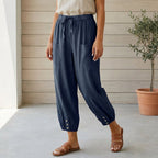 Women's high-waisted linen cropped pants, front view