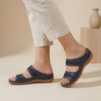 Orthopaedic double strap sandals in navy – women's laser-cut cushioned sole