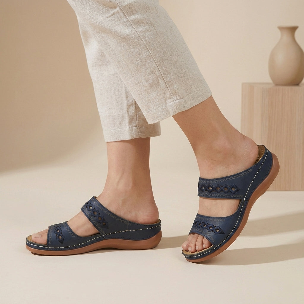 Orthopaedic double strap sandals in navy – women's laser-cut cushioned sole
