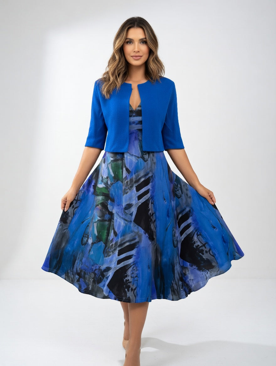 Blue printed midi dress with matching bolero | Alba Muse