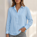 Women's blue linen shirt – relaxed V-neck long sleeve blouse