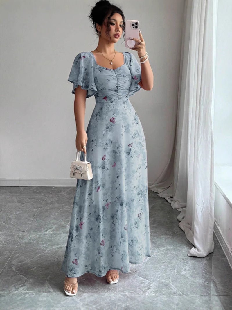 Elegant Floral Print Summer Maxi Dress in Blue, front view