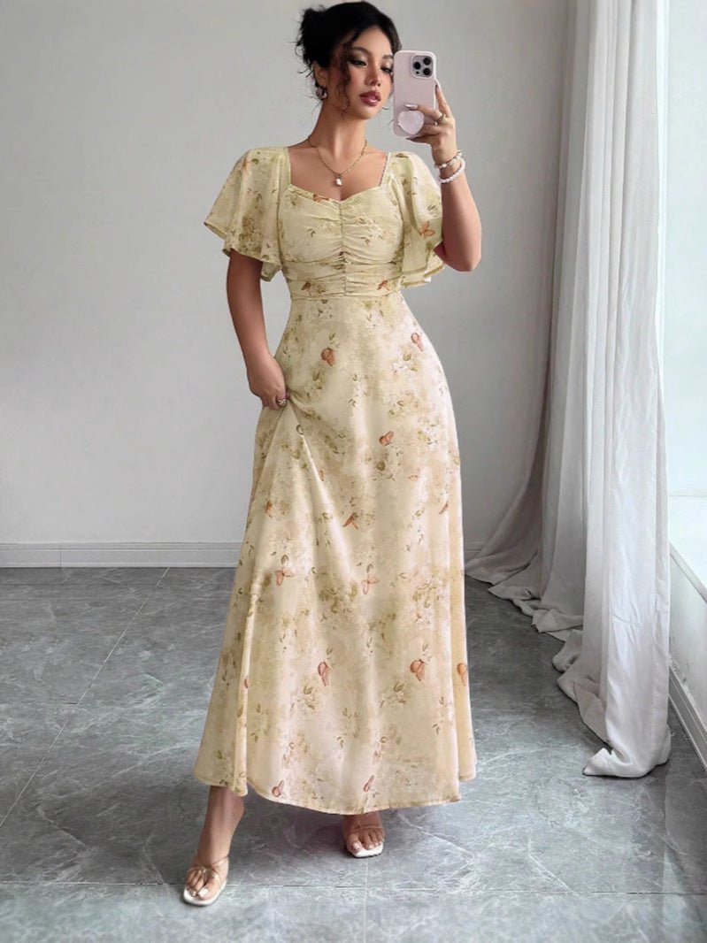 Elegant Floral Print Summer Maxi Dress in Yellow, front view