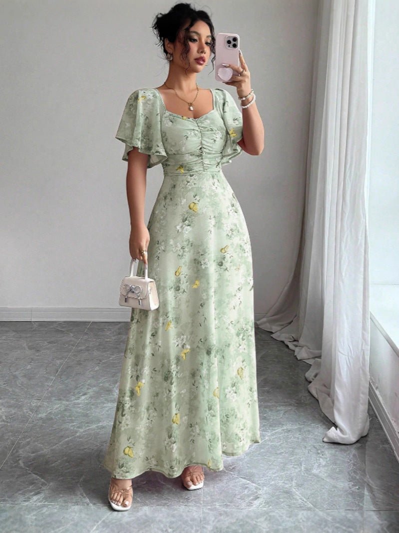 Elegant Floral Print Summer Maxi Dress in Green, front view