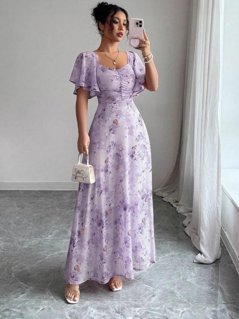 Elegant Floral Print Summer Maxi Dress in Light Lilac, front view