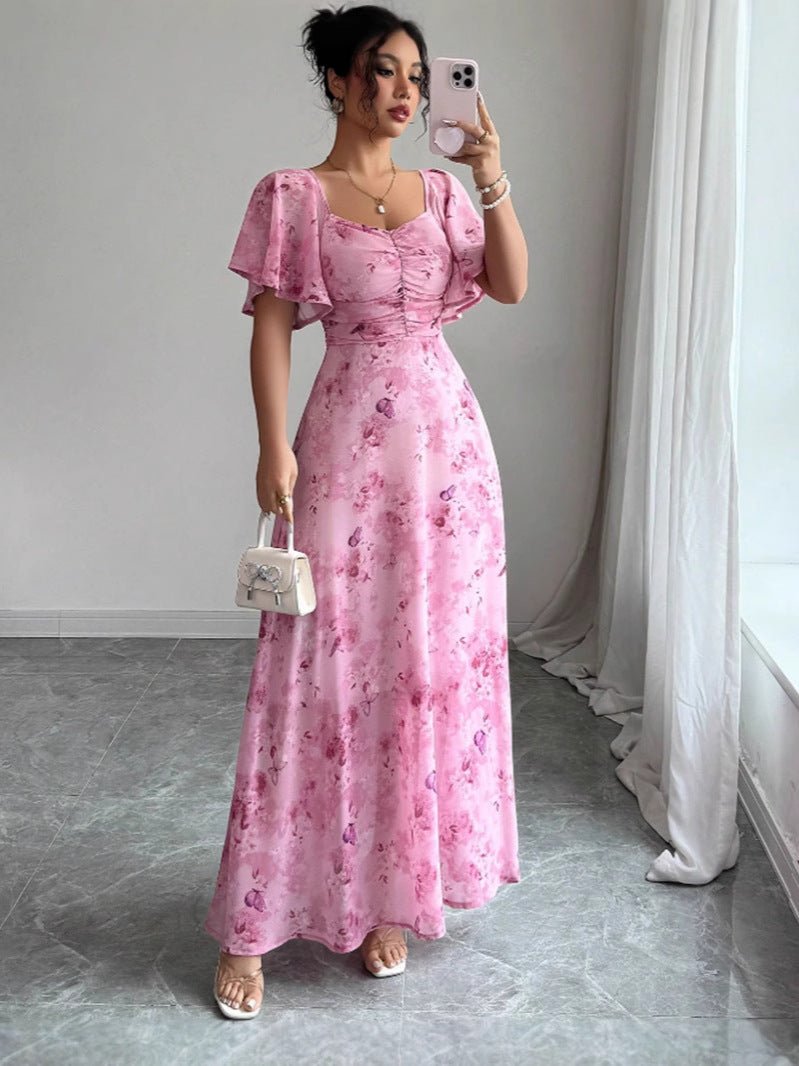 Elegant Floral Print Summer Maxi Dress in Pink, front view
