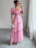 Elegant Floral Print Summer Maxi Dress in Pink, front view