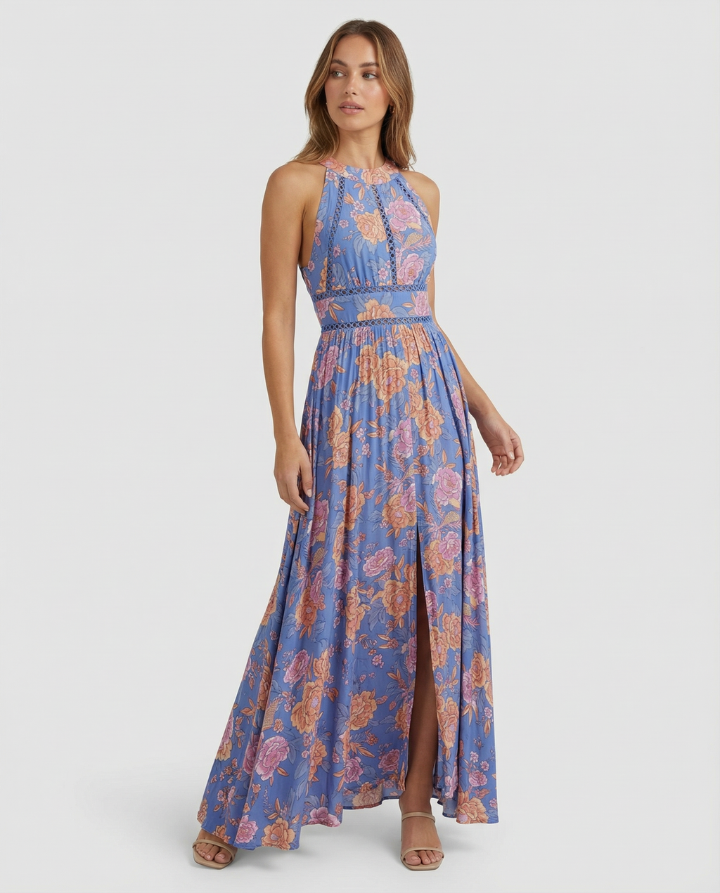 Bohemian floral sleeveless backless maxi dress, front view
