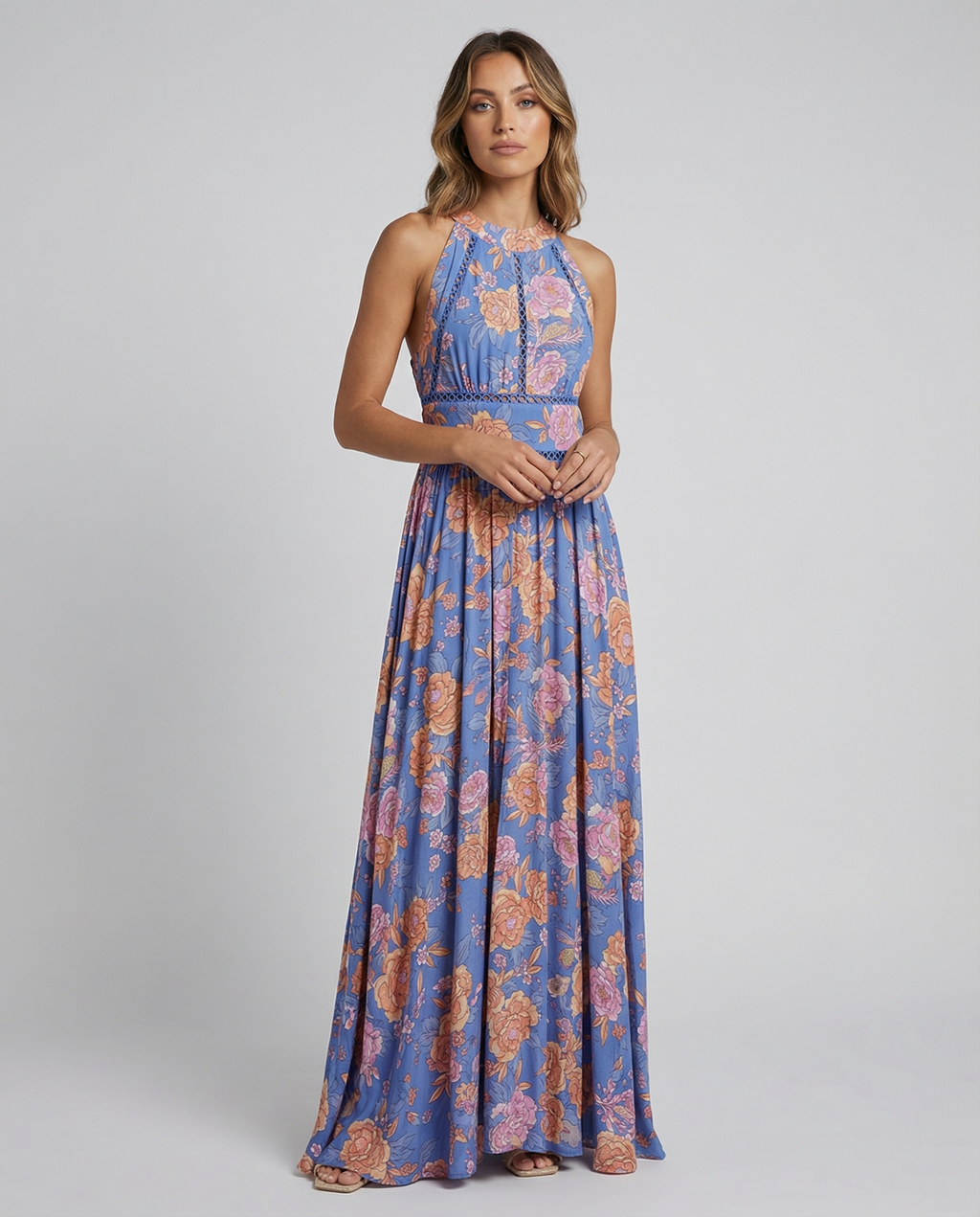 Floral bohemian backless maxi dress, back view