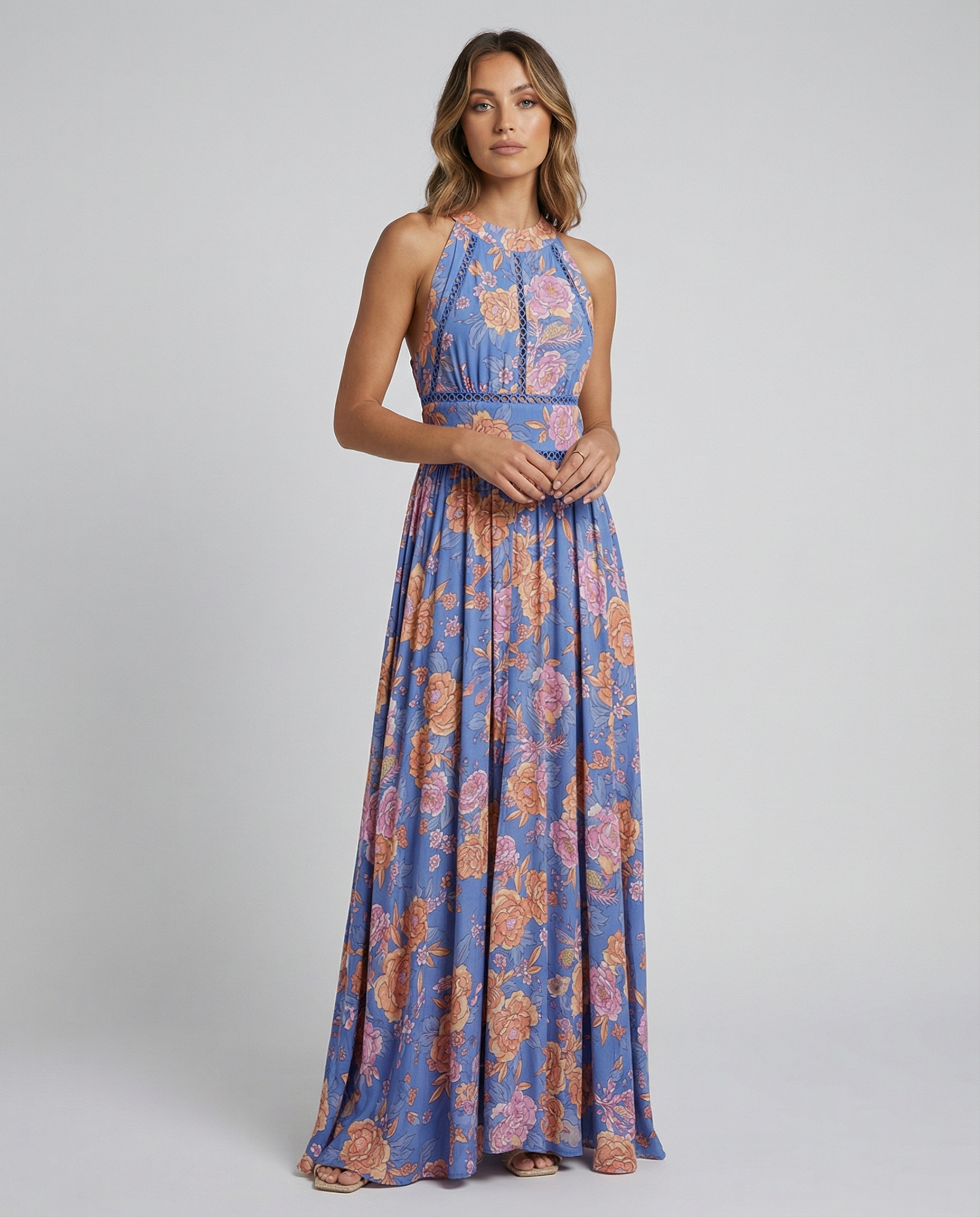 Floral bohemian backless maxi dress, back view
