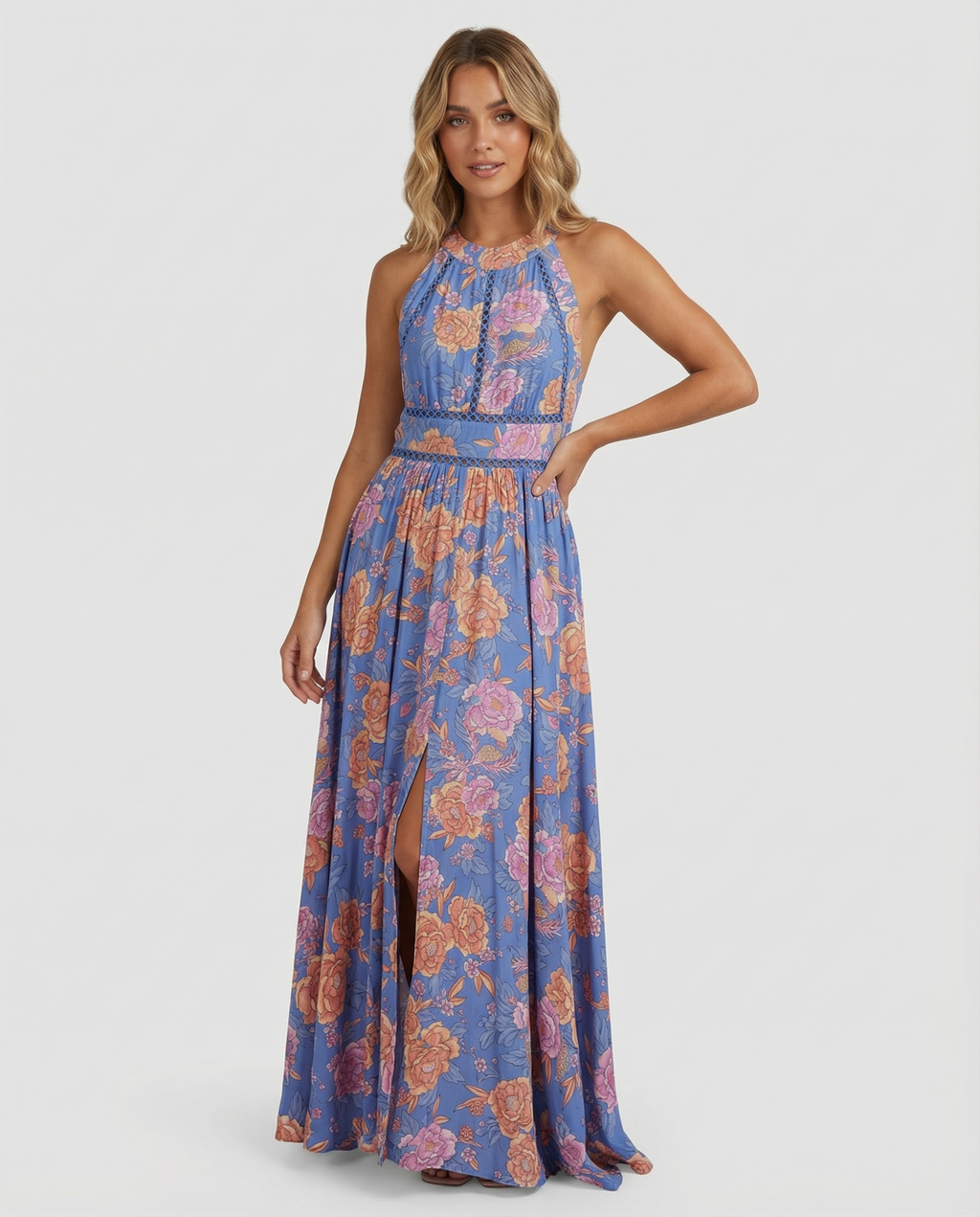Sleeveless backless floral maxi dress, side view