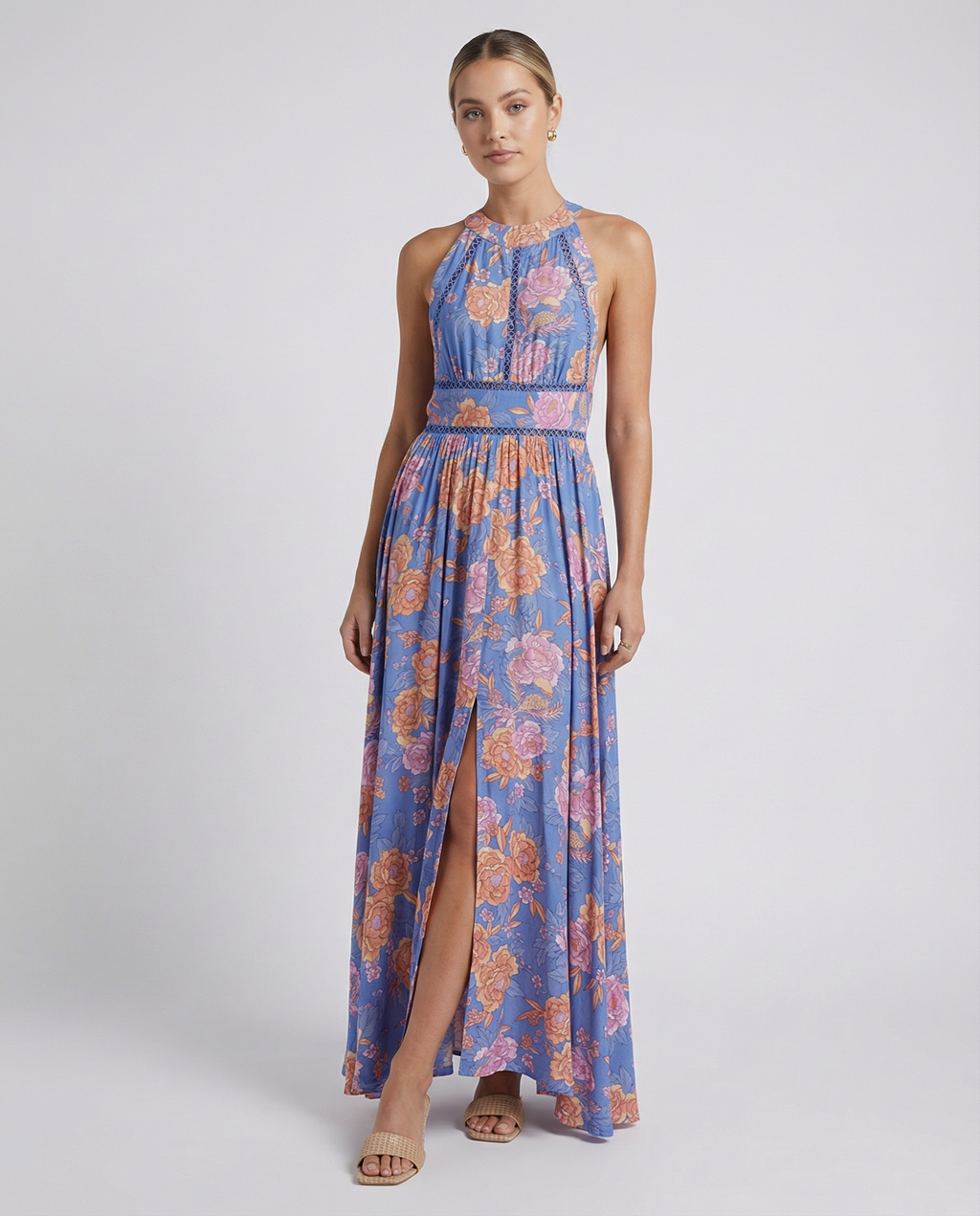 Vintage floral print sleeveless maxi dress, detail view
