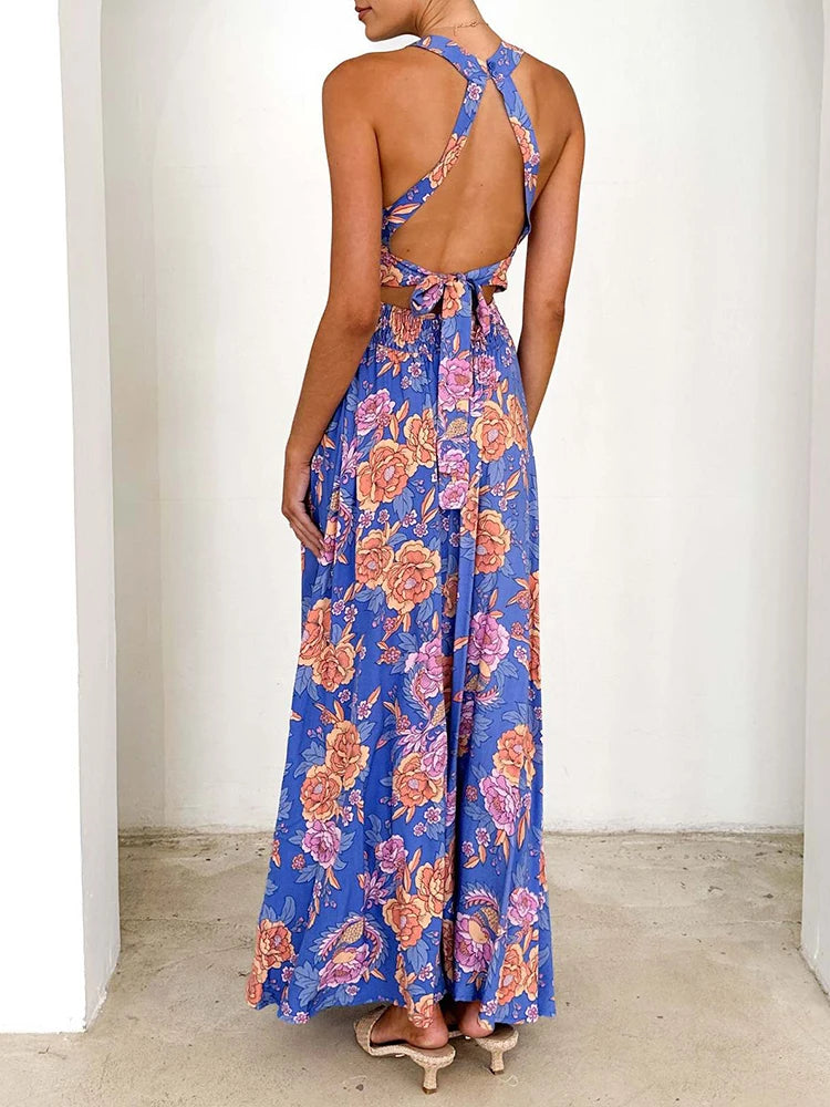 Bohemian floral pleated maxi dress, full view