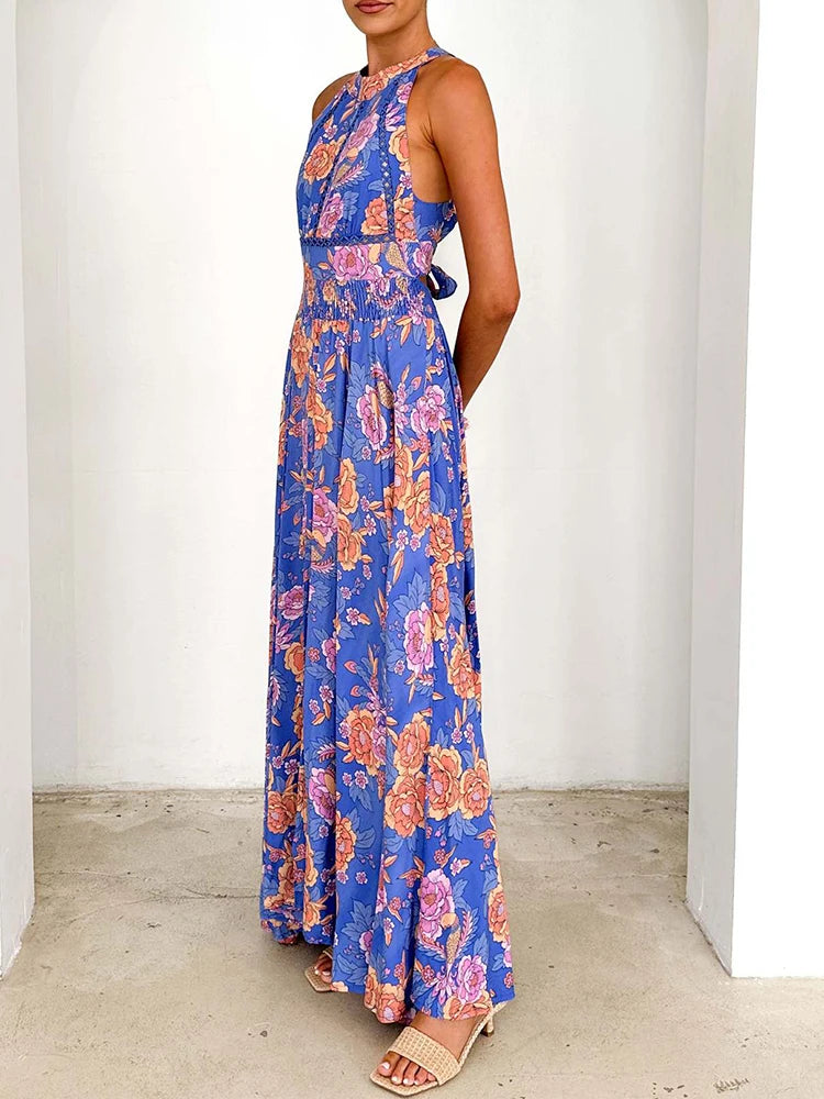 Floral sleeveless backless maxi dress, styled view