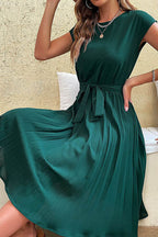 Women's Pleated Solid O-Neck Midi Dress front view - Boho Flowy Casual Midi Dress