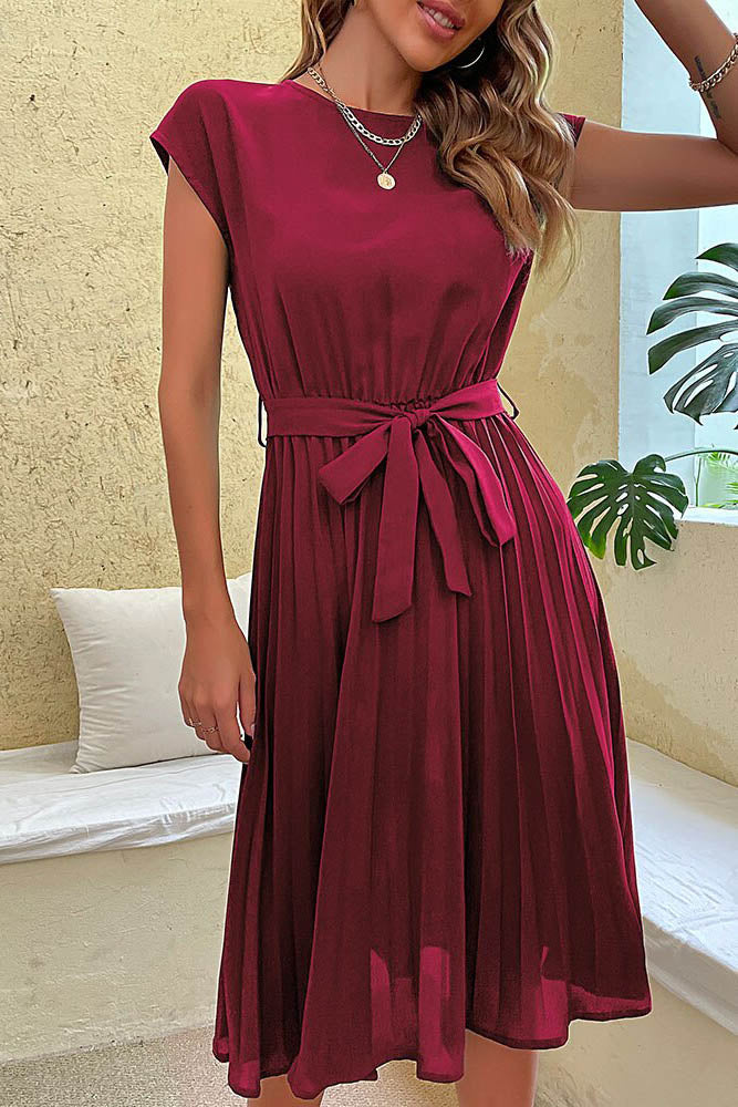 Women's Pleated Solid O-Neck Midi Dress full look - Boho Flowy Casual Midi Dress