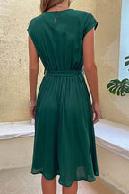 Women's Pleated Solid O-Neck Midi Dress detail view - Boho Flowy Casual Midi Dress