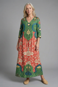 Women's A-line boho maxi dress with floral print – front view