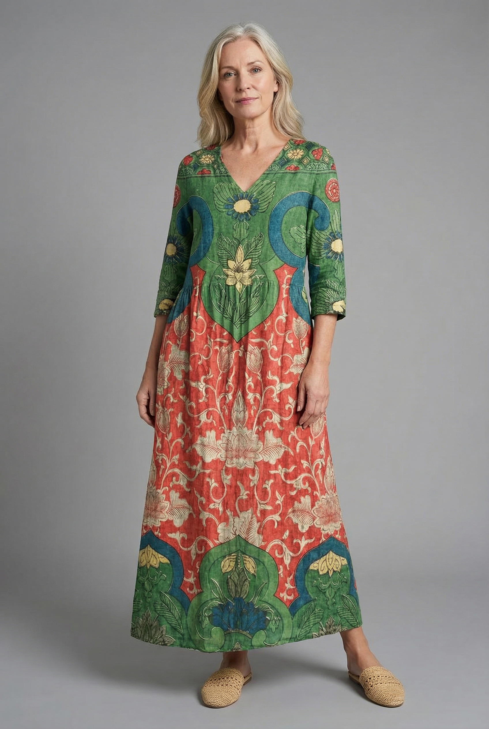Women's A-line boho maxi dress with floral print – front view
