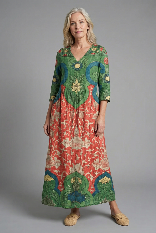 Women's A-line boho maxi dress with floral print – front view