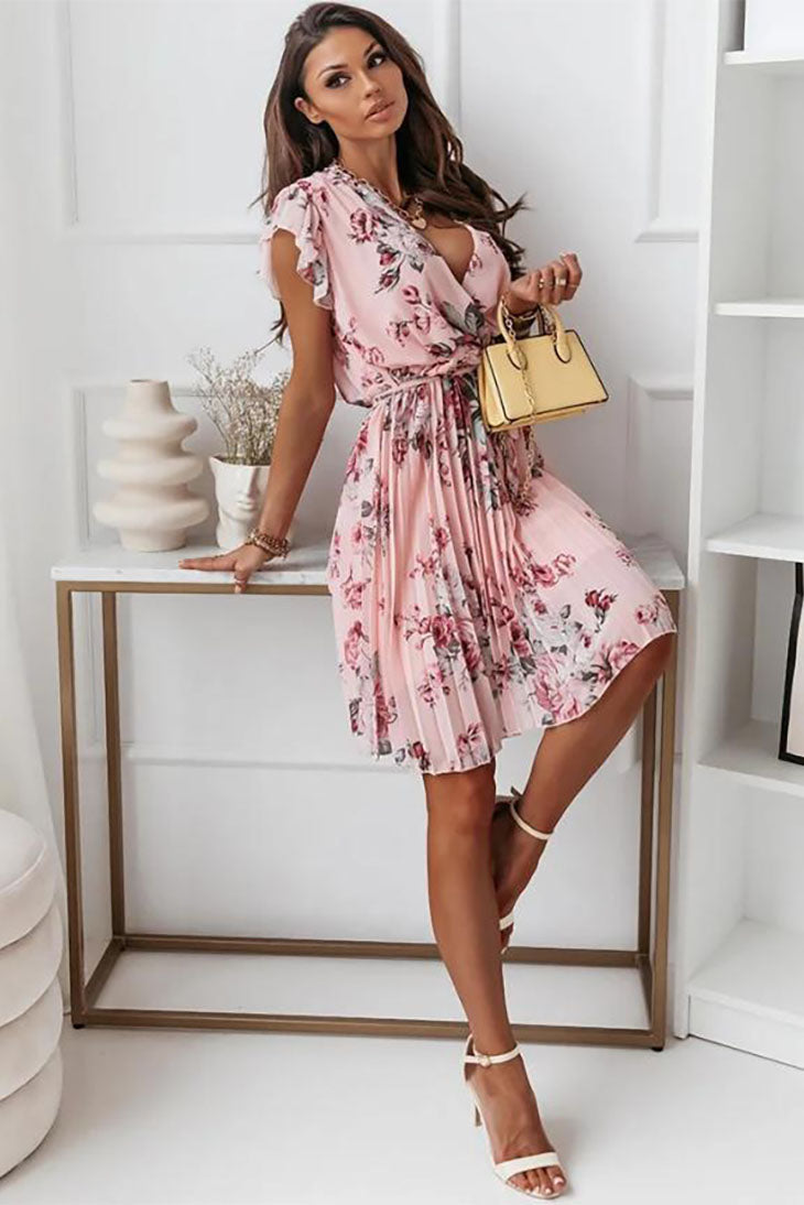 Women's Floral Wrap V-Neck Mini Dress in pink - Boho Flutter Sleeve Mini Dress