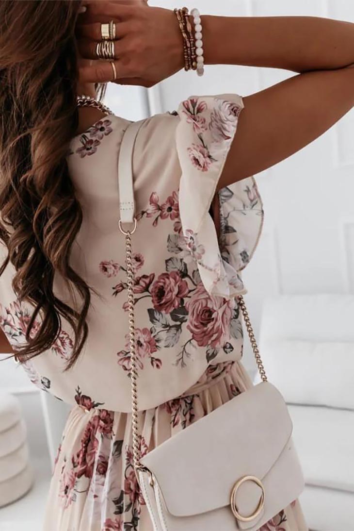 Women's Floral Wrap V-Neck Mini Dress in white styled - Boho Flutter Sleeve Mini Dress