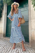 Diamond print V-neck midi dress in blue, geometric boho casual front view