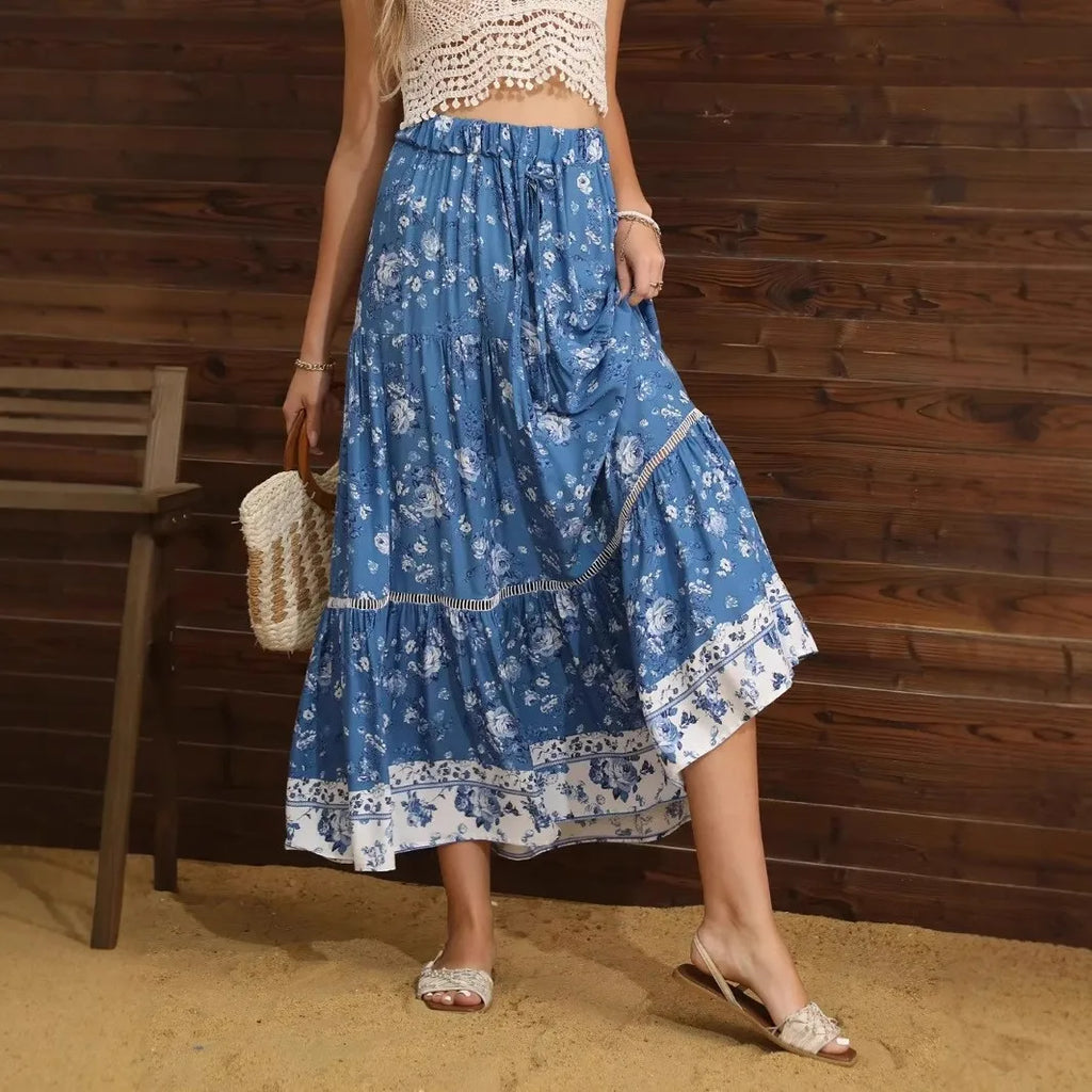Women's Blue Floral Tiered Boho Maxi Skirt front view - Flowy A-Line Boho Skirt