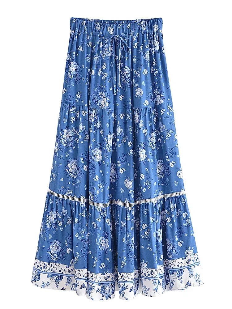 Women's Blue Floral Tiered Boho Maxi Skirt worn view - Flowy A-Line Boho Skirt