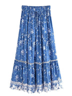 Women's Blue Floral Tiered Boho Maxi Skirt worn view - Flowy A-Line Boho Skirt