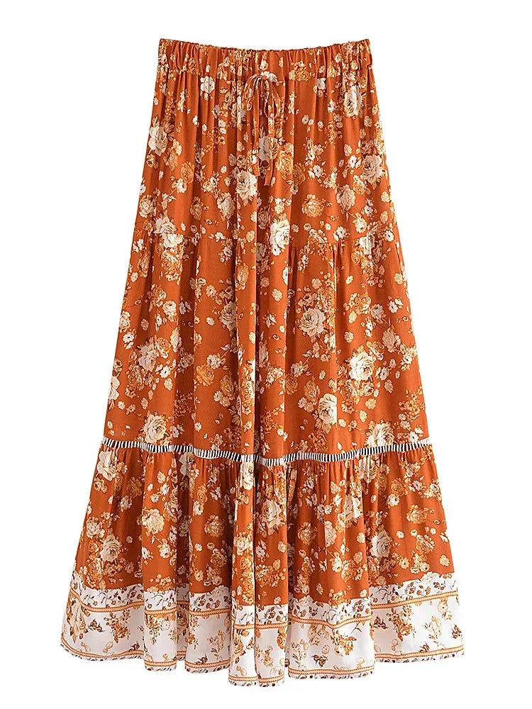 Women's Blue Floral Tiered Boho Maxi Skirt in red - Flowy A-Line Boho Skirt