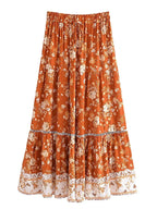 Women's Blue Floral Tiered Boho Maxi Skirt in red - Flowy A-Line Boho Skirt