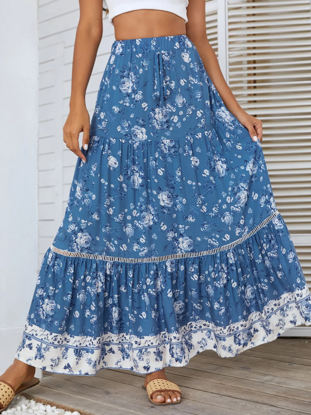 Women's Blue Floral Tiered Boho Maxi Skirt side view - Flowy A-Line Boho Skirt