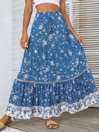 Women's Blue Floral Tiered Boho Maxi Skirt side view - Flowy A-Line Boho Skirt