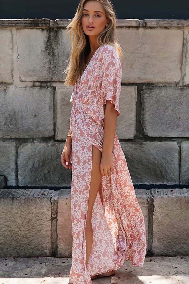 Women's Pink Floral Wrap Maxi Dress side view - Boho Wedding Guest Maxi Dress