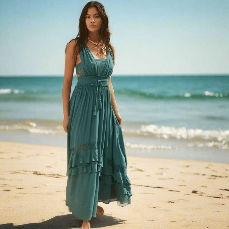 Women's Cotton Blend Ruffle A-Line Maxi Dress back view - Boho Summer Beach Maxi Dress