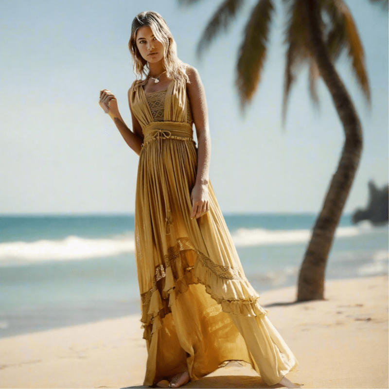 Women's Cotton Blend Ruffle A-Line Maxi Dress full length - Boho Summer Beach Maxi Dress