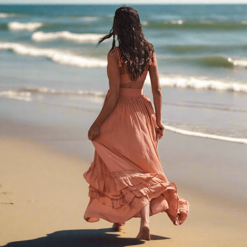 Women's Cotton Blend Ruffle A-Line Maxi Dress styled look - Boho Summer Beach Maxi Dress