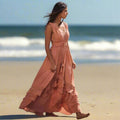 Women's Cotton Blend Ruffle A-Line Maxi Dress front view - Boho Summer Beach Maxi Dress