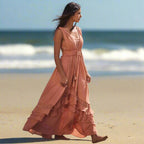 Women's Cotton Blend Ruffle A-Line Maxi Dress front view - Boho Summer Beach Maxi Dress