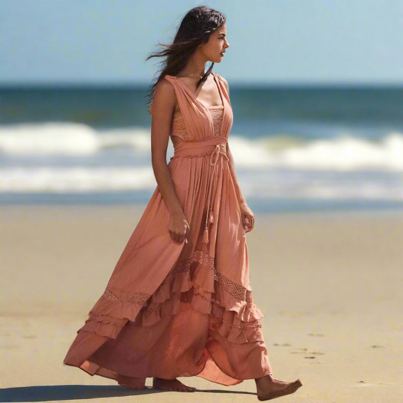 Women's Cotton Blend Ruffle A-Line Maxi Dress front view - Boho Summer Beach Maxi Dress