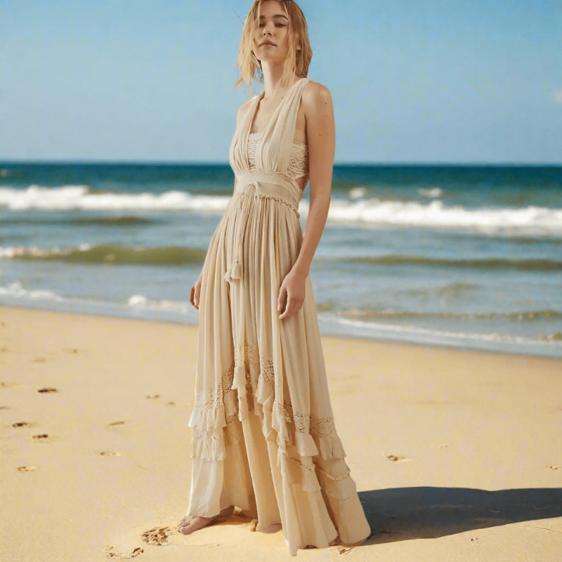 Women's Cotton Blend Ruffle A-Line Maxi Dress in yellow - Boho Summer Beach Maxi Dress