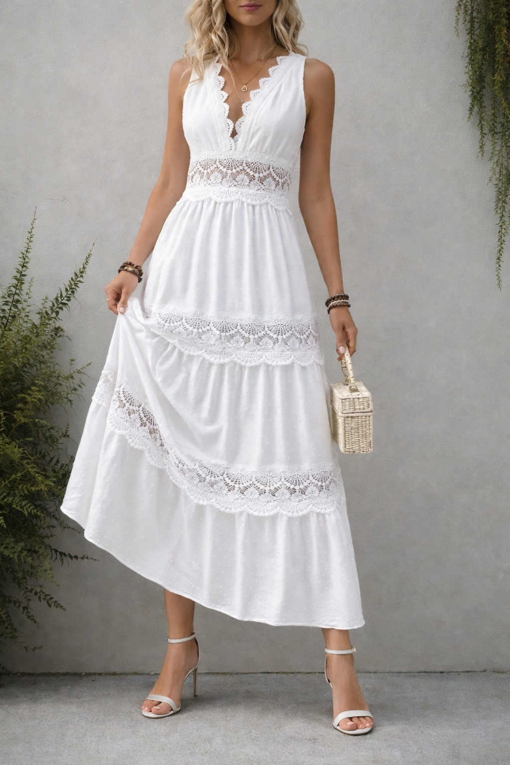 Women's White Lace Boho V-Neck Maxi Dress full length - Elegant Summer Boho Maxi Dress